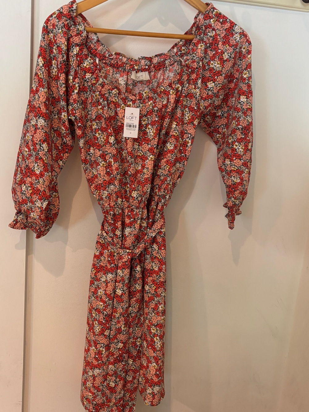LOFT Red Multi Floral Tie-Waist Midi Dress